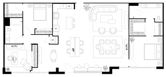 A black and white floor plan of a house with multiple rooms.